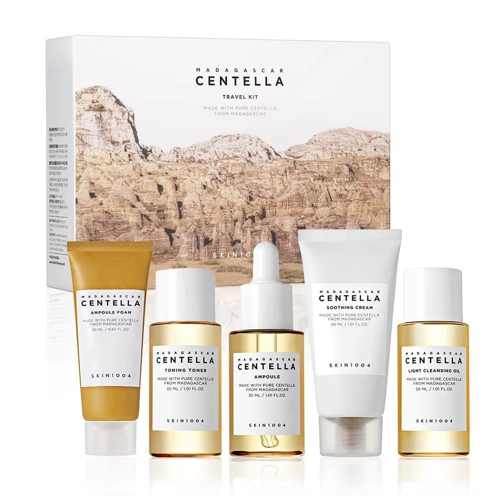 Korean Centella Travel Kit,Toner, Ampoule,Soothing Cream,Ampoule Foam,Cleansing Oil Basic Skincare Mini 5Pcs Trial Kit Box