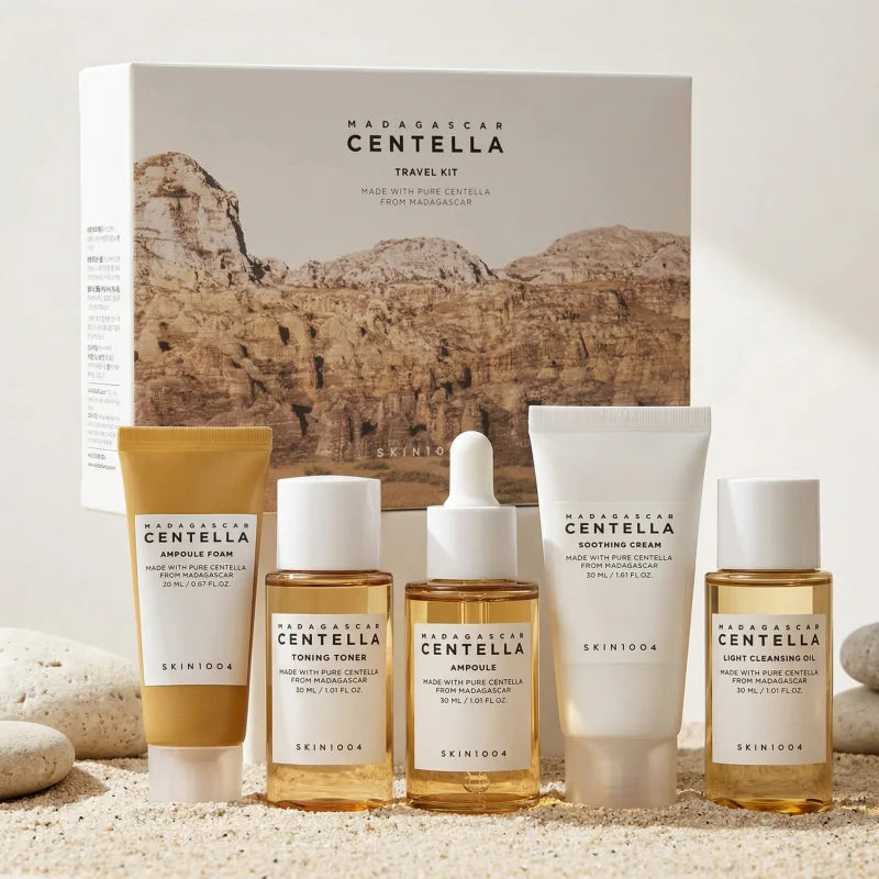 Korean Centella Travel Kit,Toner, Ampoule,Soothing Cream,Ampoule Foam,Cleansing Oil Basic Skincare Mini 5Pcs Trial Kit Box